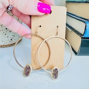 Elegant Gold Hoop Earrings with Brown Stone